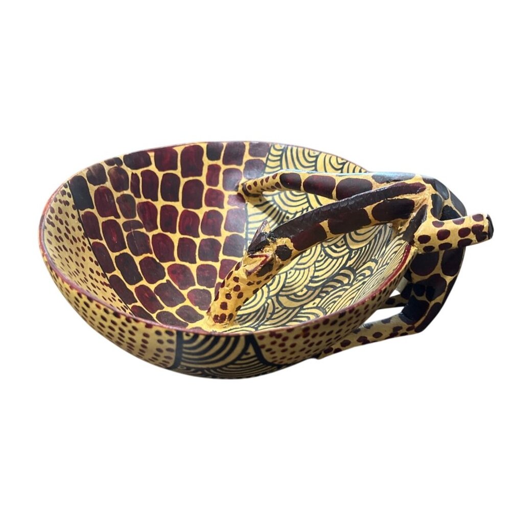 Drinking Giraffe Bowl Wood Handcrafted African Folk Art Decorative Painted 7" - Picture 3 of 6